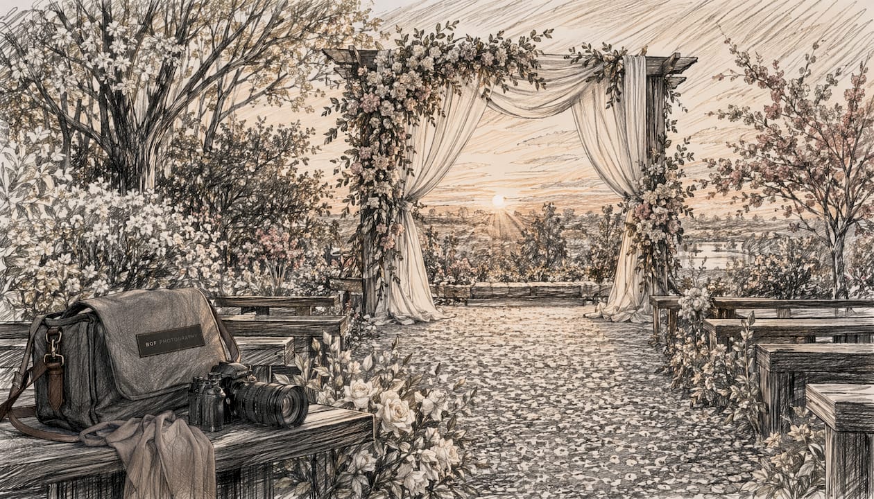 Late spring outdoor wedding arch and flowers