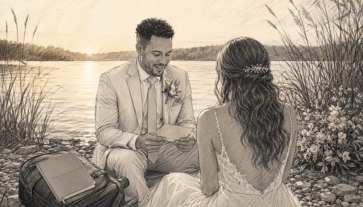 Private vows spoken outdoors at golden hour