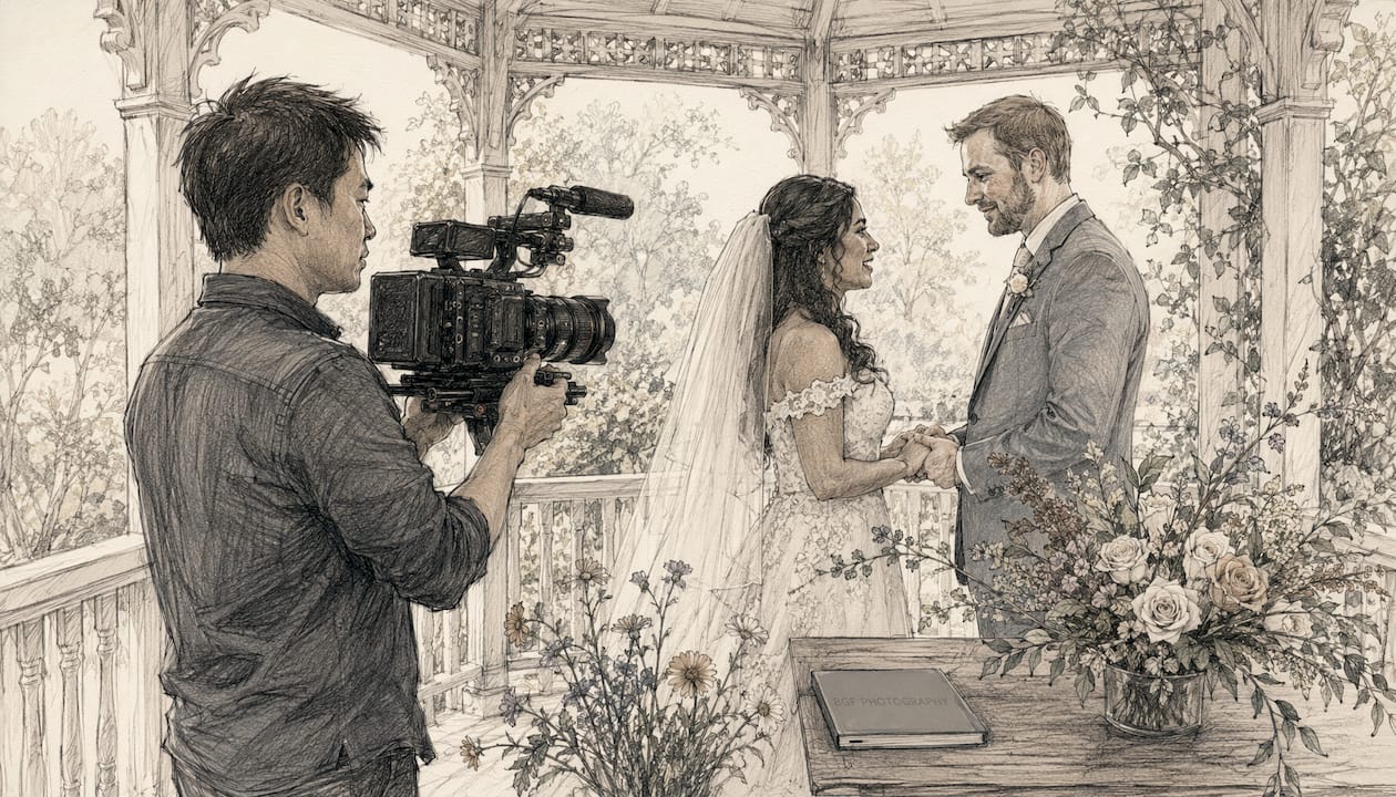 Wedding filmmaker capturing vows in chapel