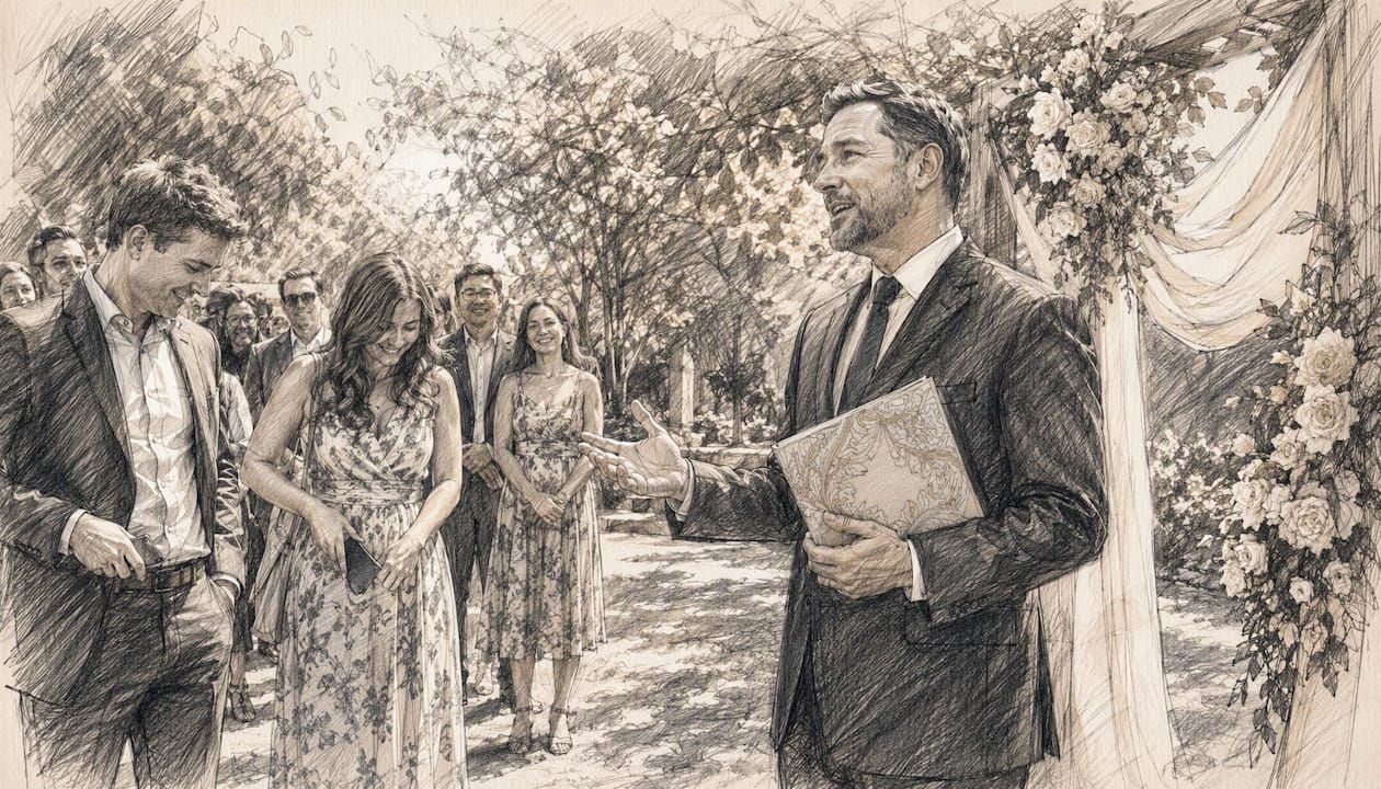 Wedding officiant making unplugged ceremony announcement