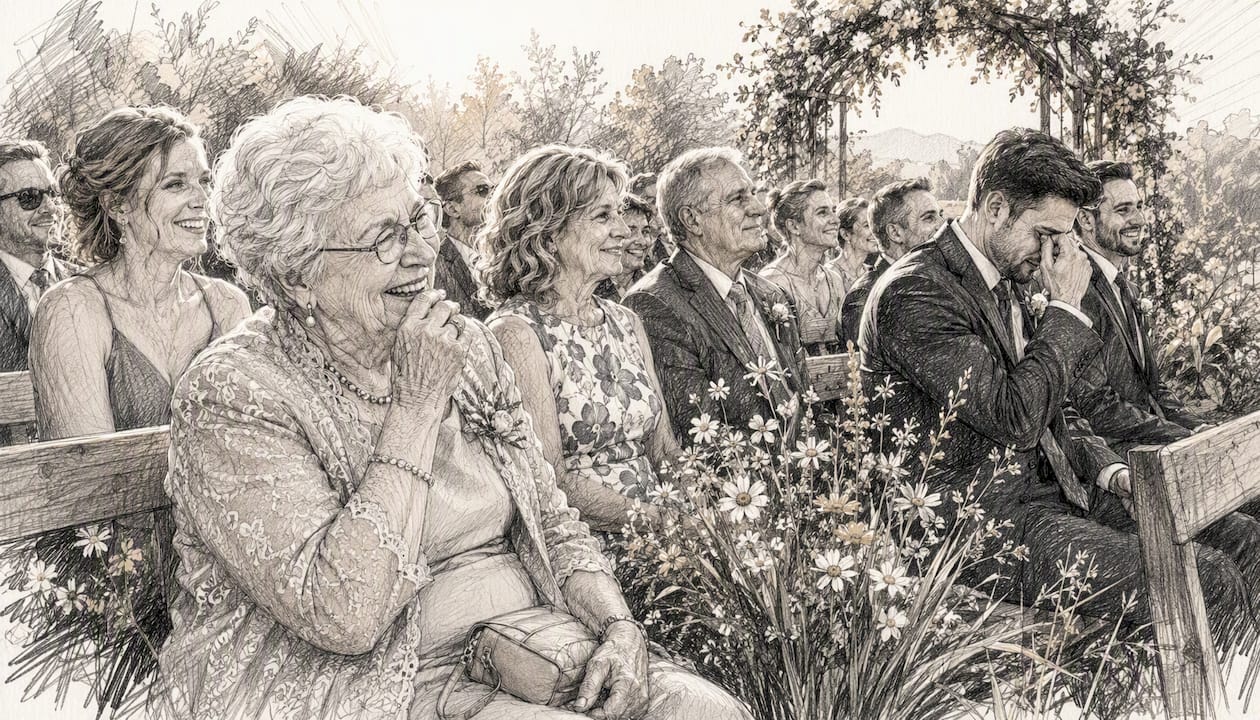 Guests reacting emotionally during unplugged wedding ceremony