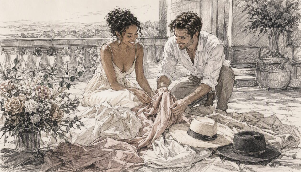 Couple arranging complementary outfits for photo session