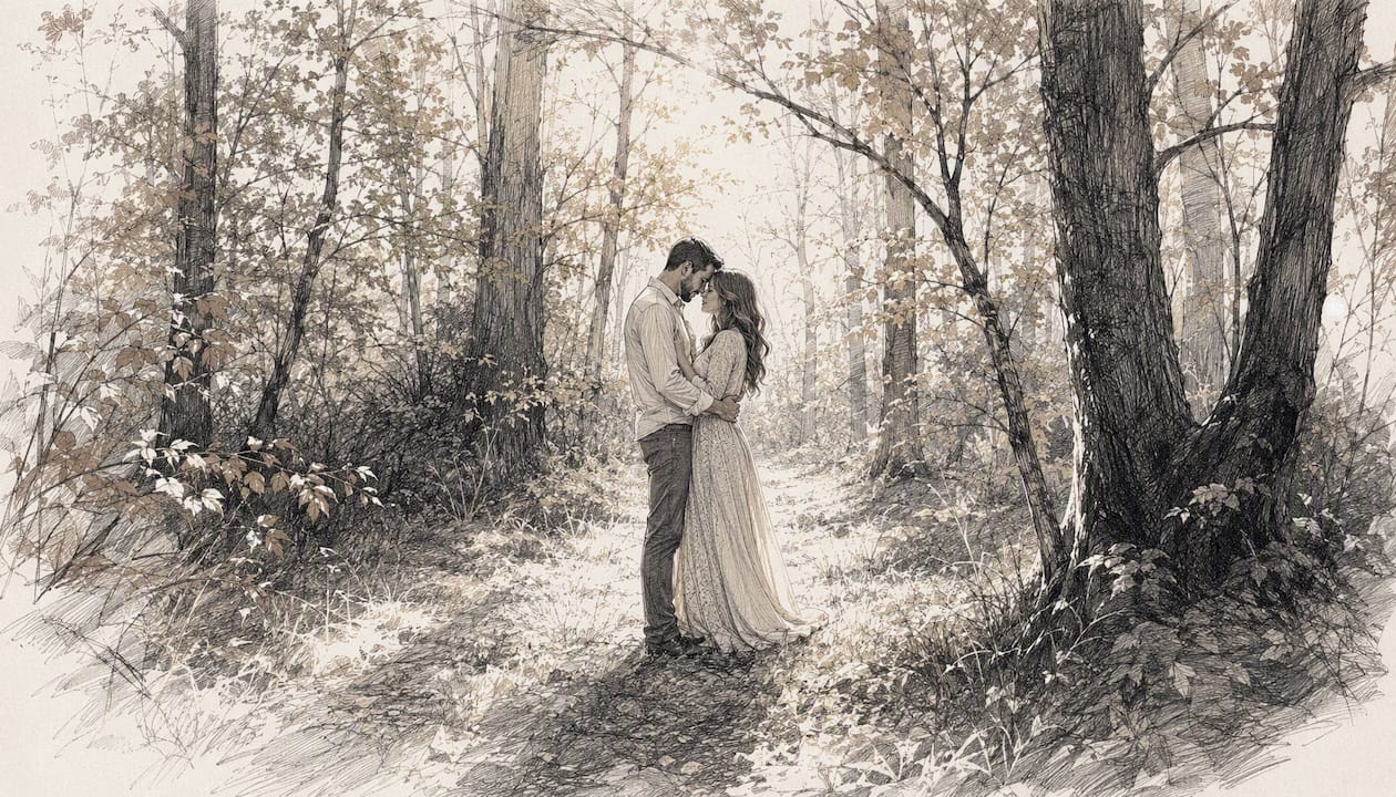 Romantic couple embracing in golden hour light