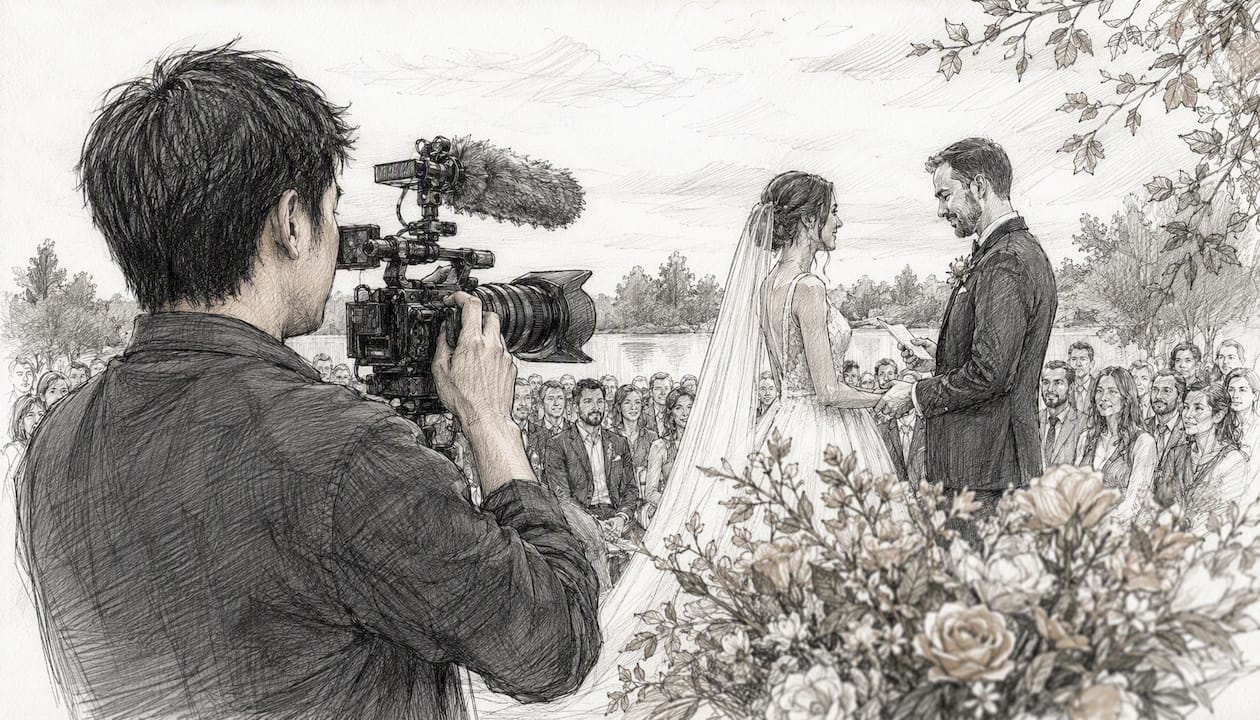 Videographer capturing ambient sound during wedding vows