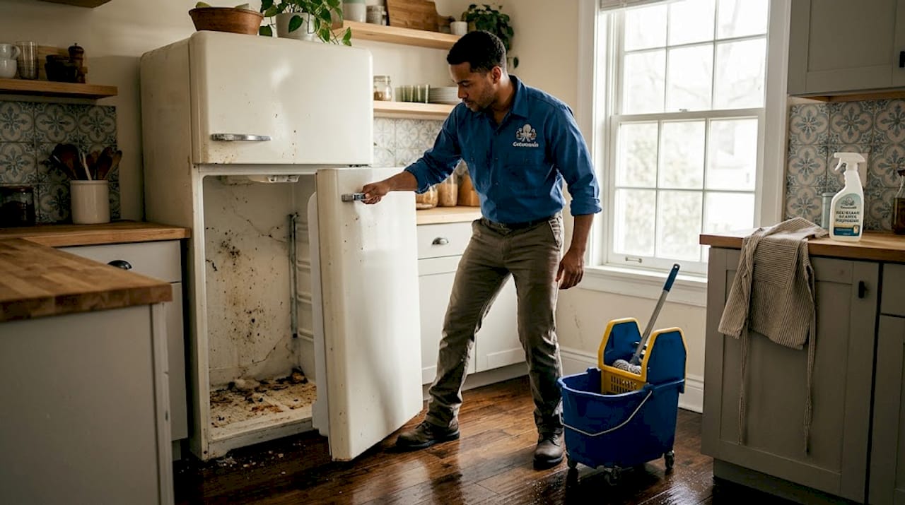 Man cleaning behind refrigerator in home kitchen