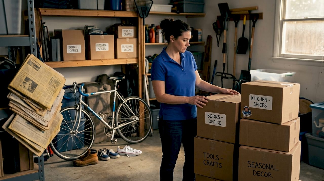 Woman stacking moving boxes in cluttered garage