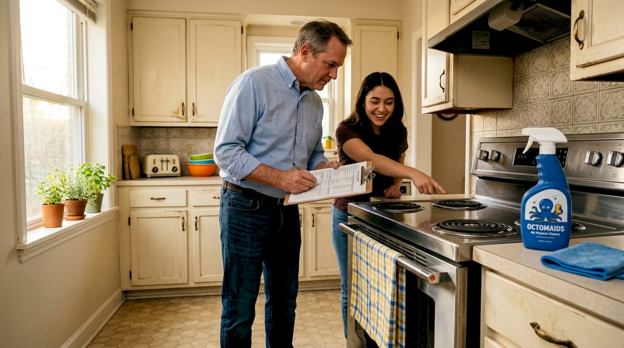 Landlord and tenant inspecting clean oven