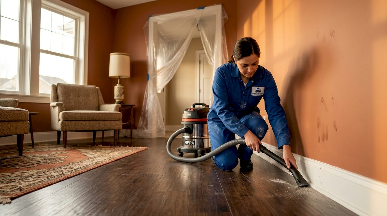 Cleaner vacuuming baseboard in new living room
