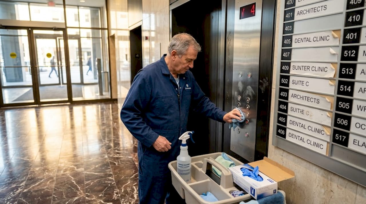Worker cleaning elevator buttons in office lobby