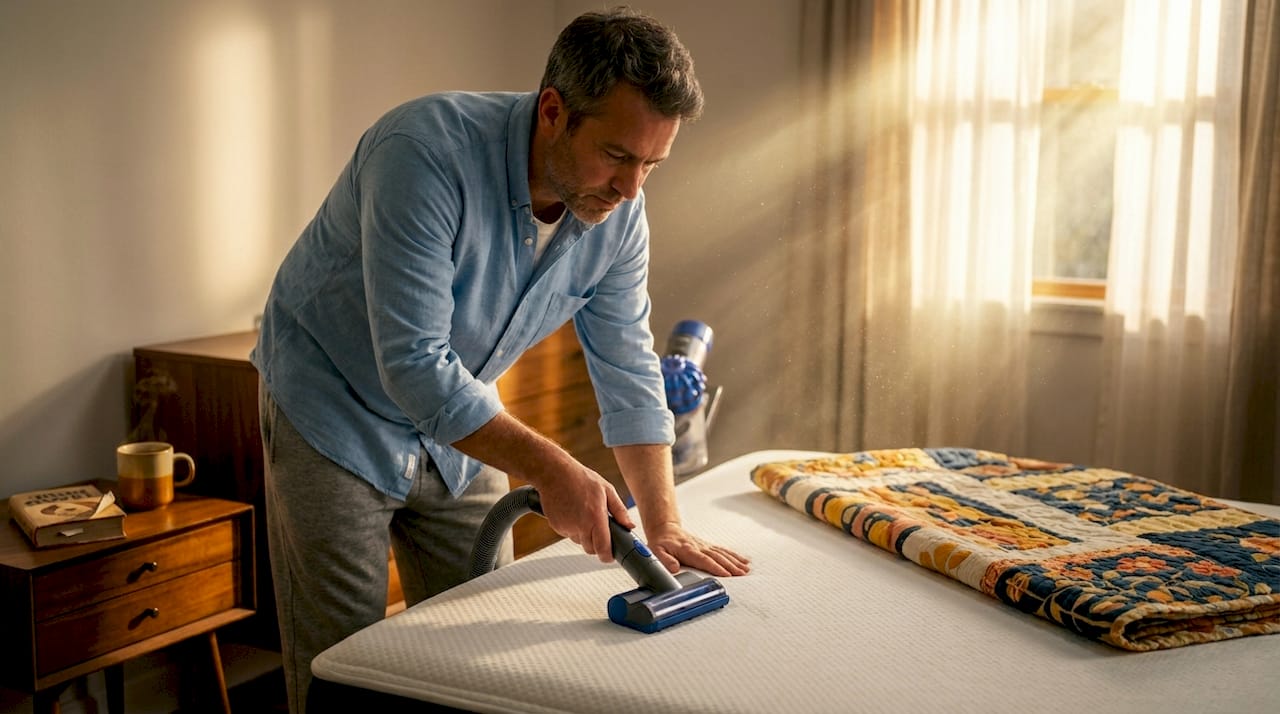 Man vacuuming mattress in tidy bedroom