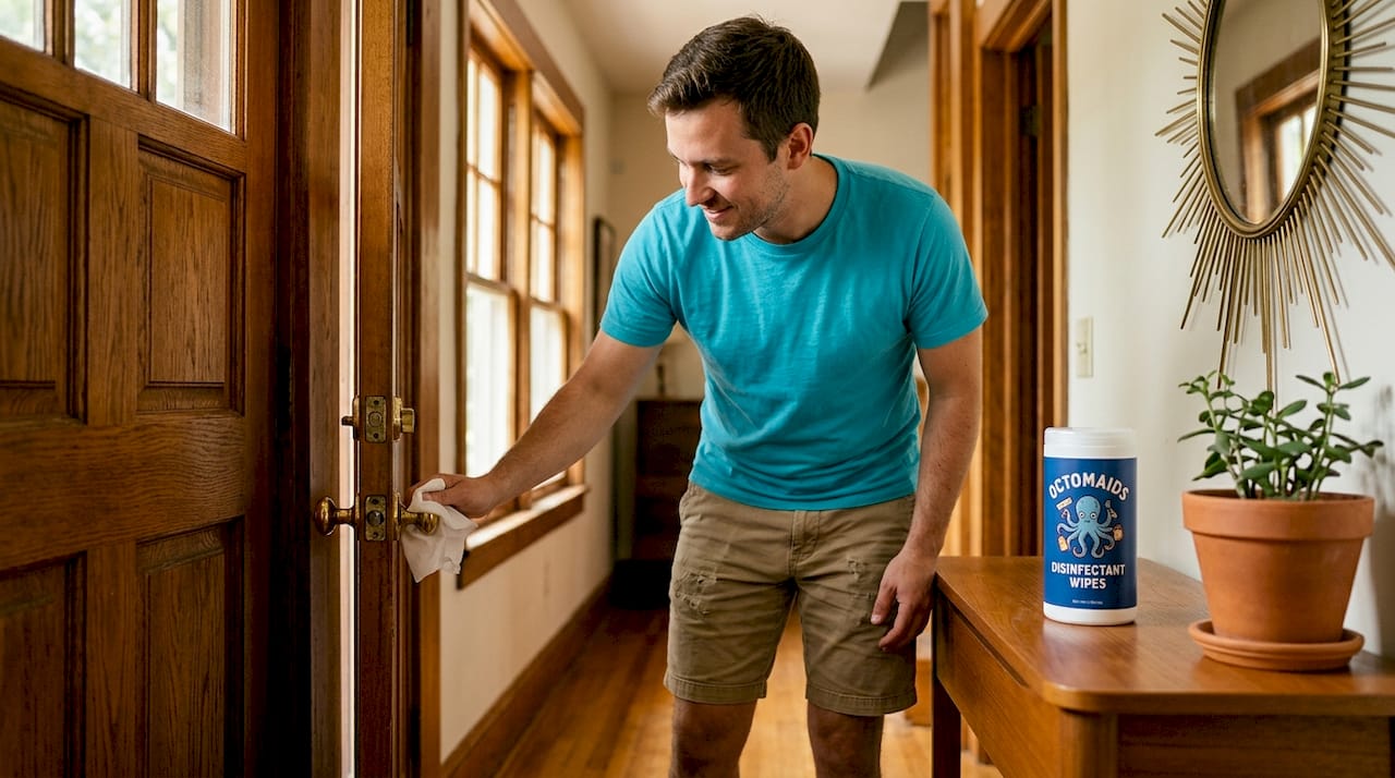 Man wiping kitchen faucet with disinfectant