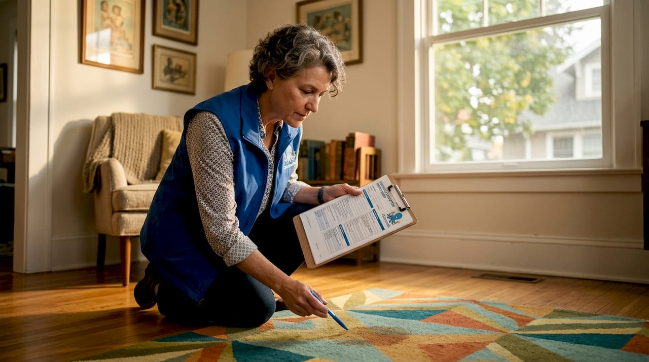 Manager checking stained carpet during rental inspection