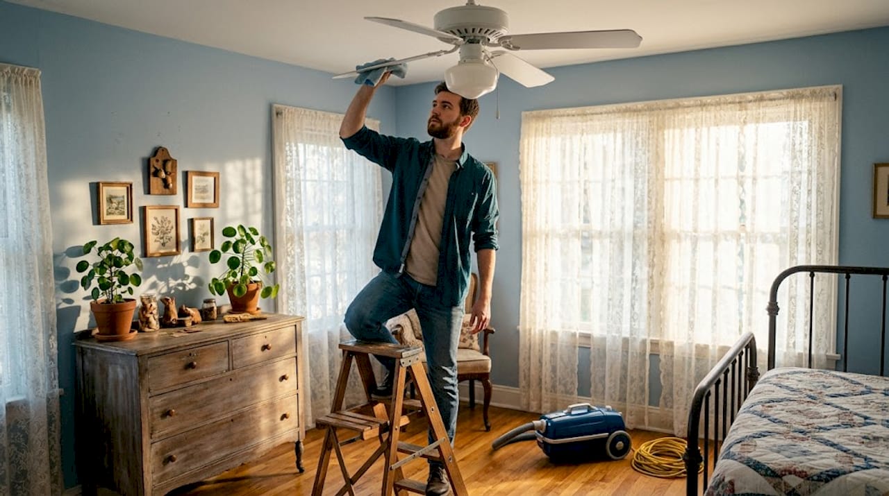 Man dusts ceiling fan during bedroom cleaning