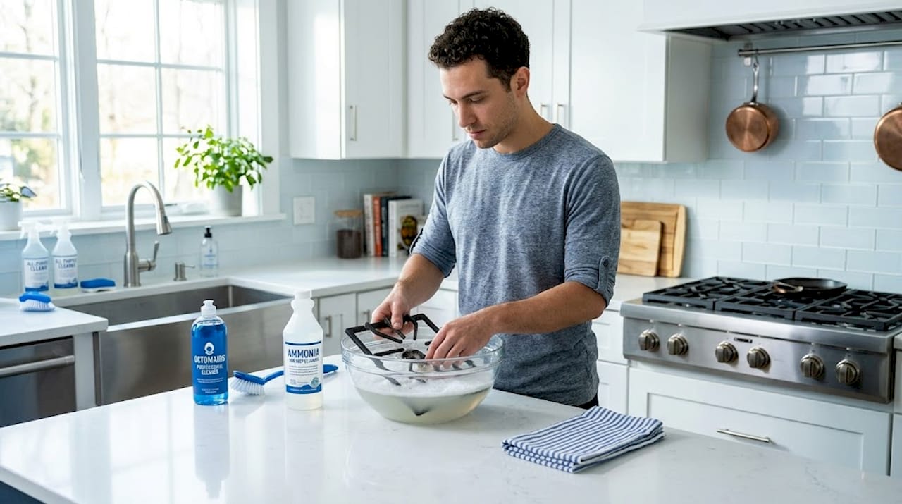 Person soaking oven burner grates in kitchen