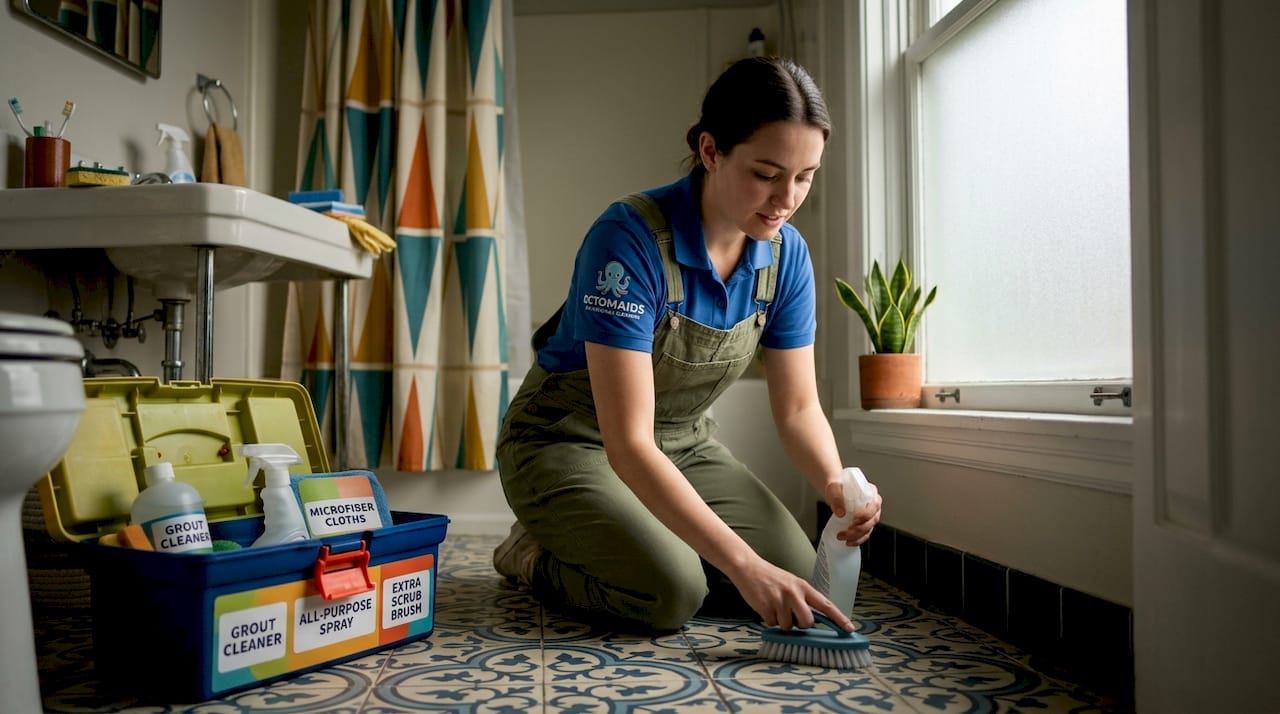 Cleaner scrubbing grout in rental kitchen