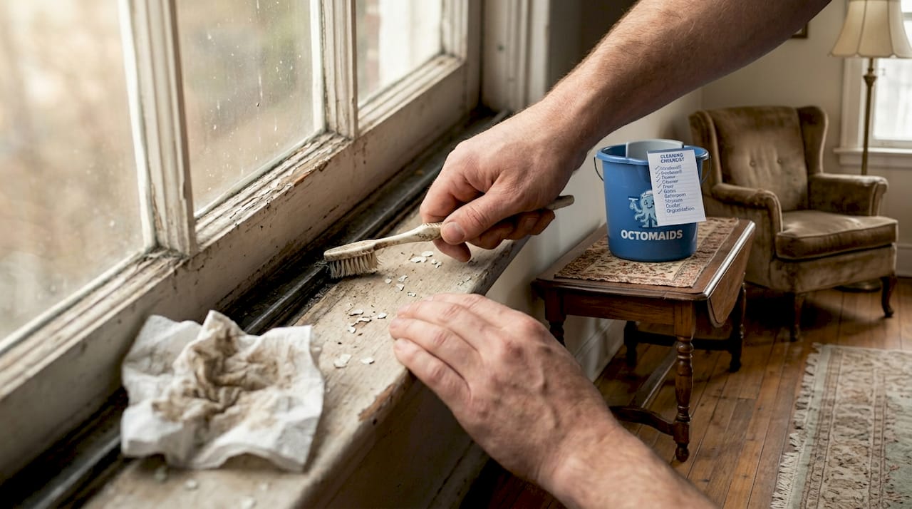 Hands cleaning dirty window tracks with toothbrush