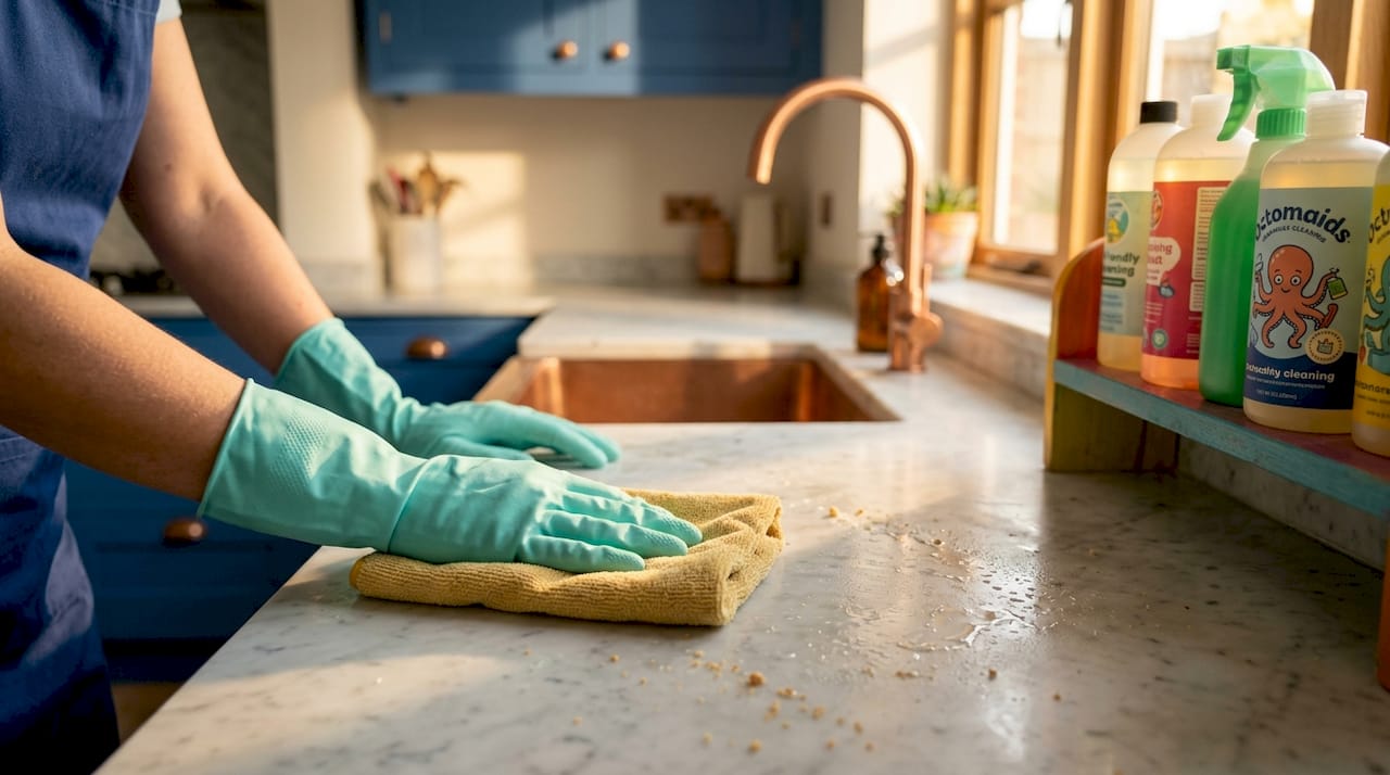 Hands wiping kitchen countertop with cloth