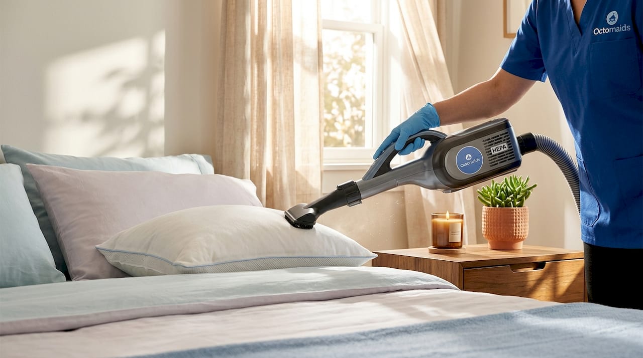 HEPA vacuum cleaning allergen pillow in bright bedroom