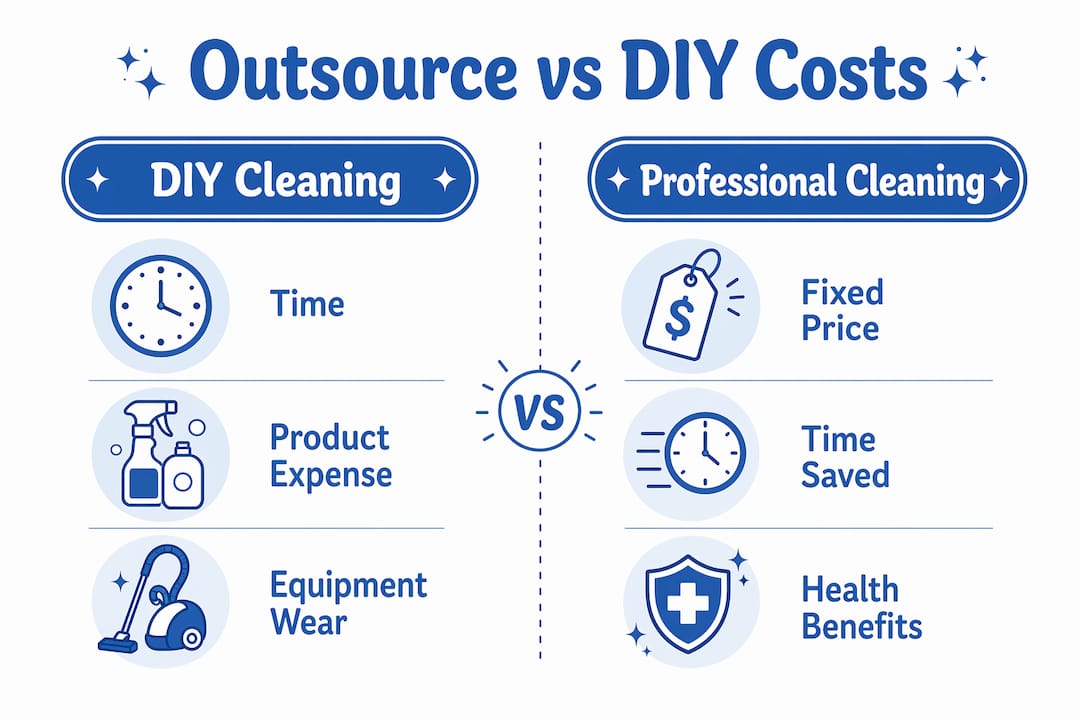 Infographic comparing outsourcing and DIY cleaning costs and benefits