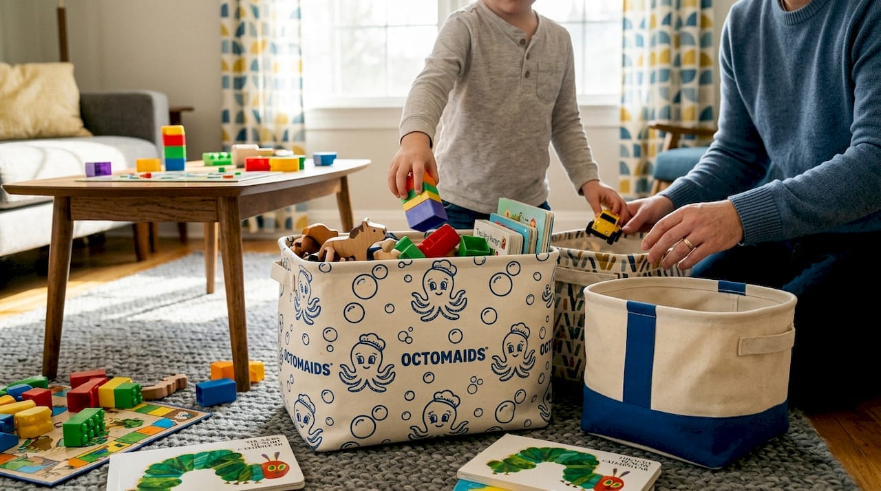 Family organizing clutter with storage baskets