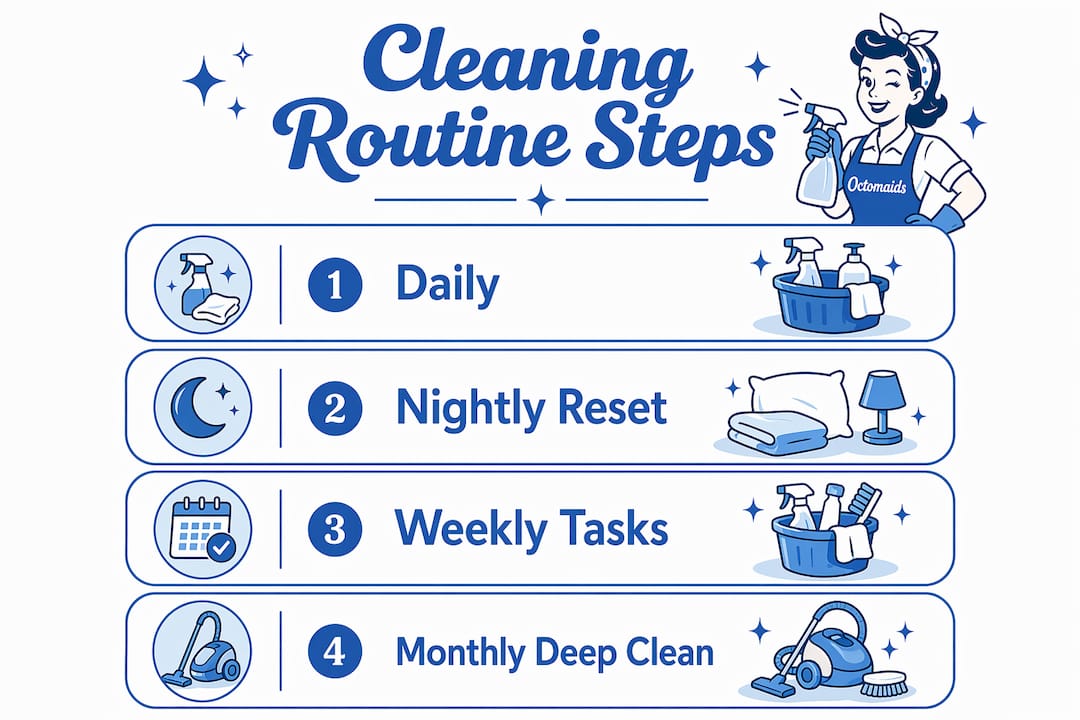 Infographic showing cleaning routine steps