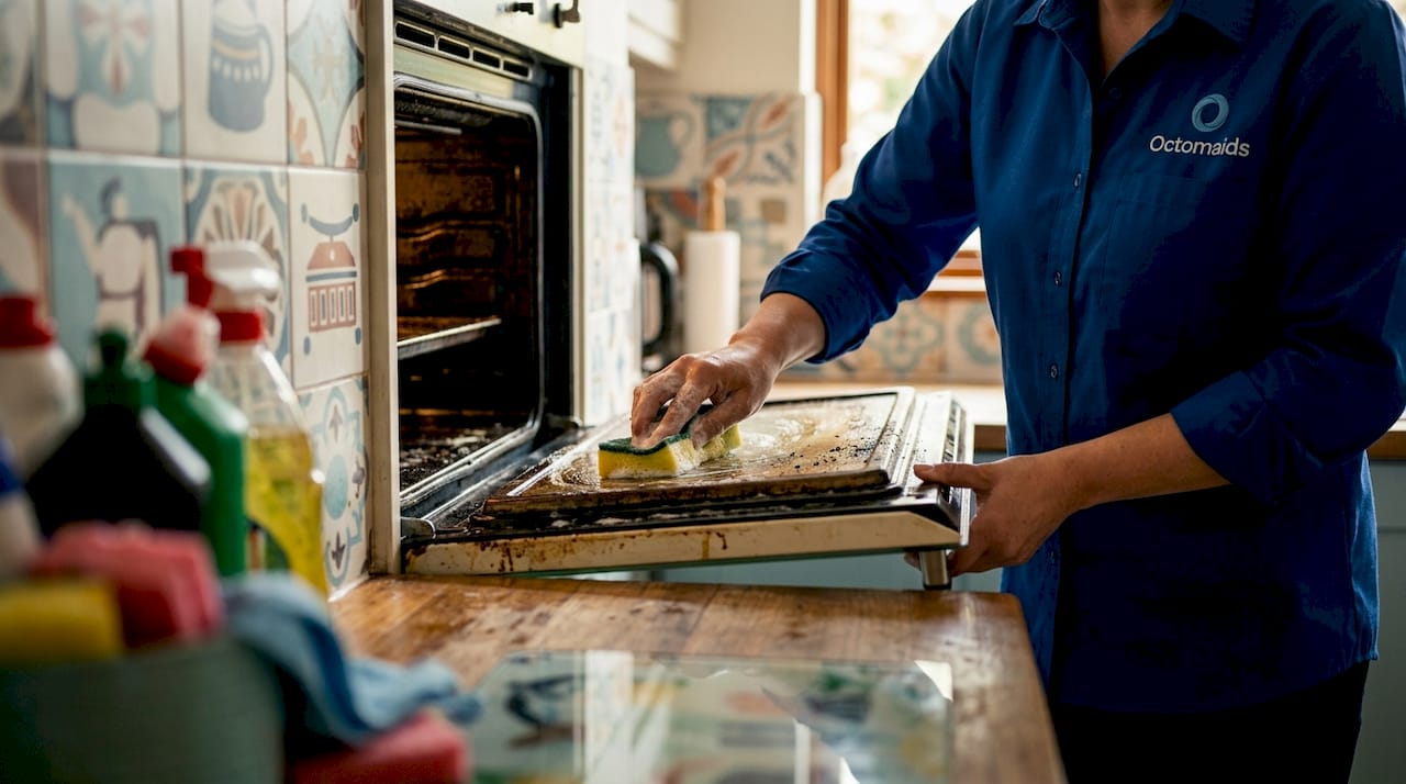 Close-up of oven interior deep cleaning