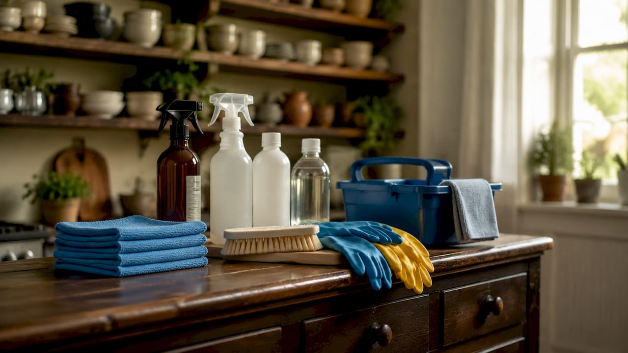 Move-in cleaning supplies on kitchen counter