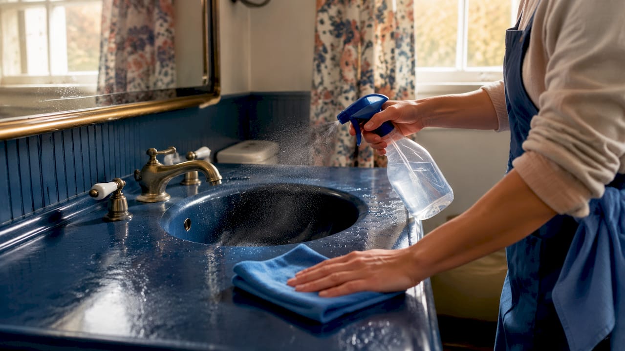 Hands disinfecting bathroom sink counter