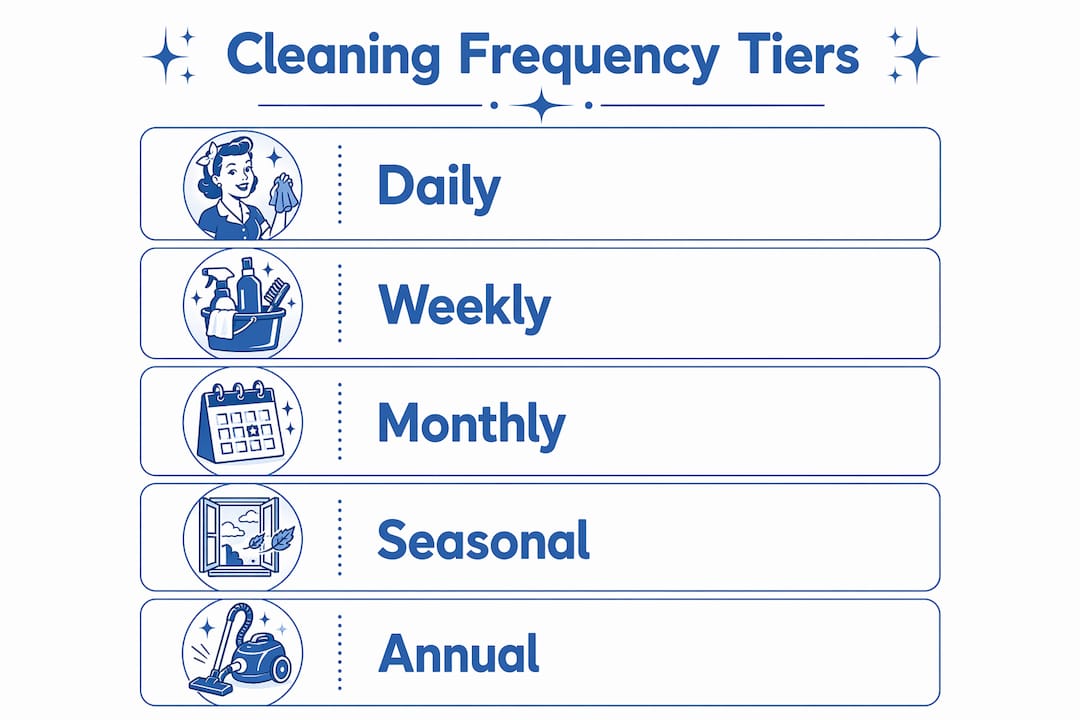 Infographic displaying cleaning frequency tiers from daily to annual