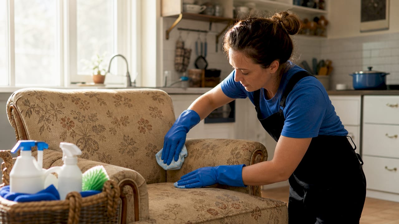 Hands wiping sofa upholstery with microfiber cloth