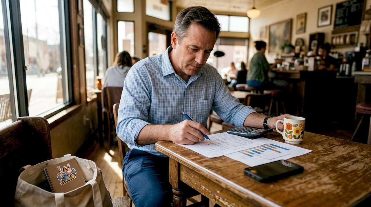 Manager calculating hourly cleaning rates at desk