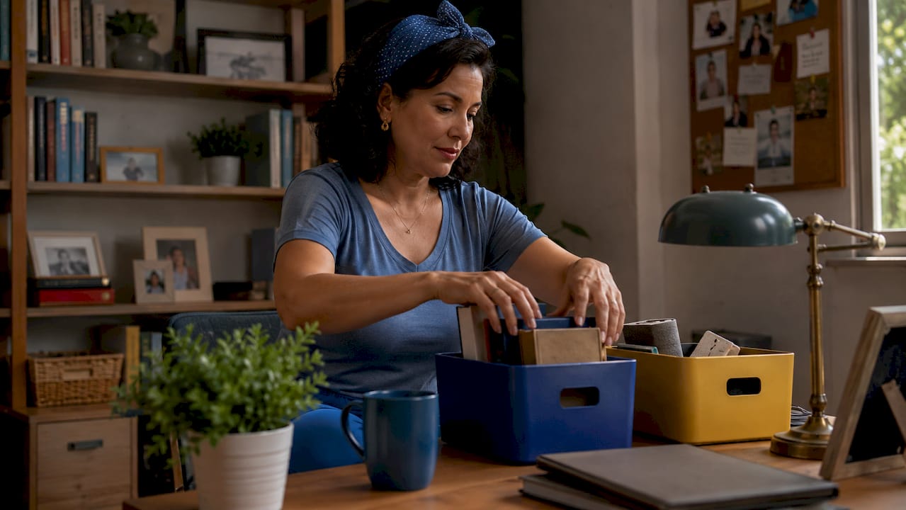 Woman decluttering living room packing boxes