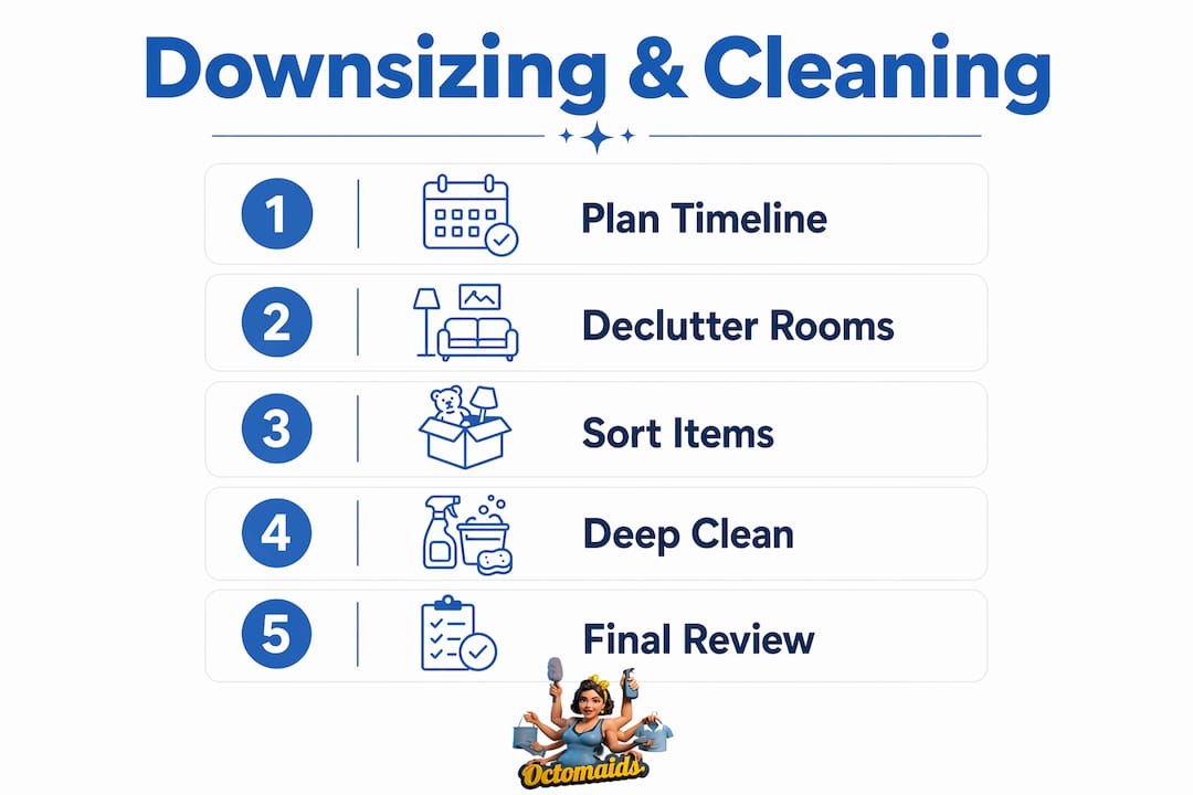 Infographic showing key downsizing and cleaning steps