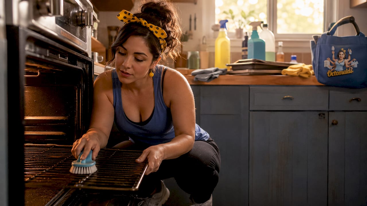 Woman cleaning oven interior in kitchen