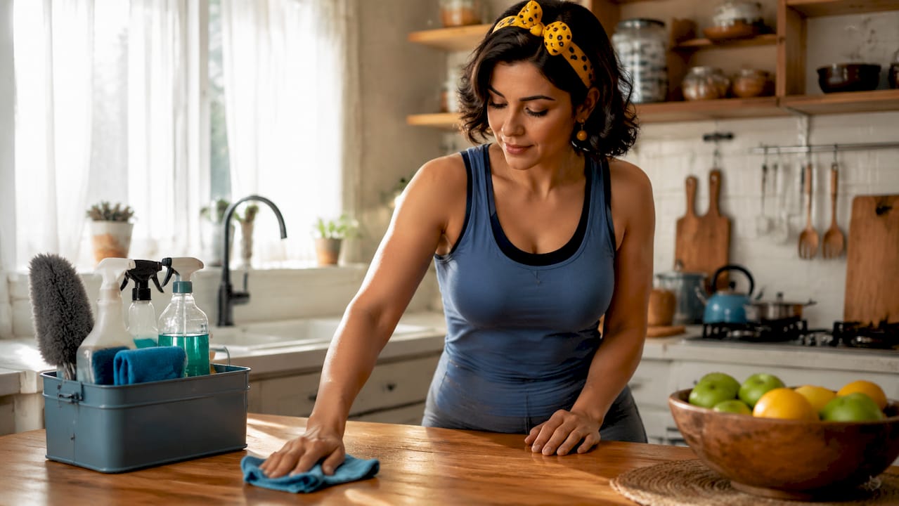 Woman wiping kitchen counter with cloth