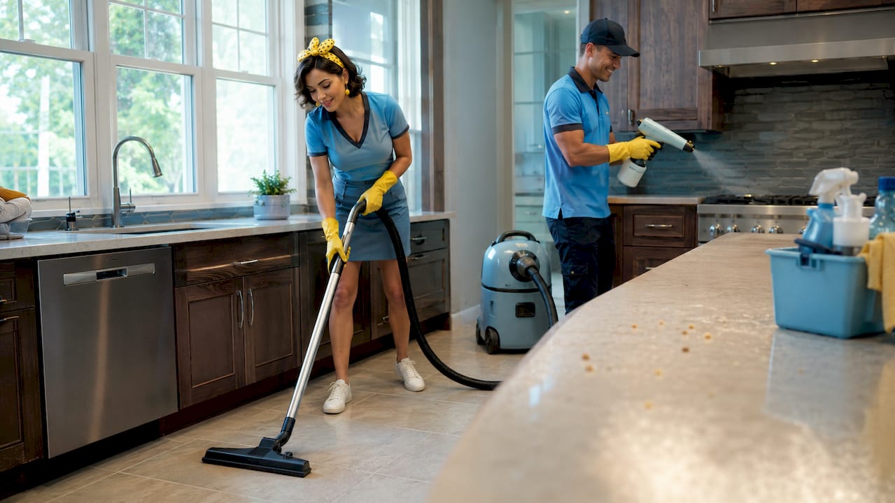 Professional cleaning team working inside home