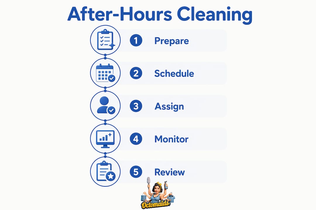 Infographic showing steps to schedule after-hours cleaning efficiently