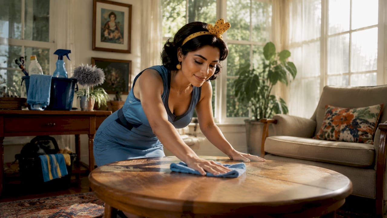 Professional cleaner wiping a coffee table carefully