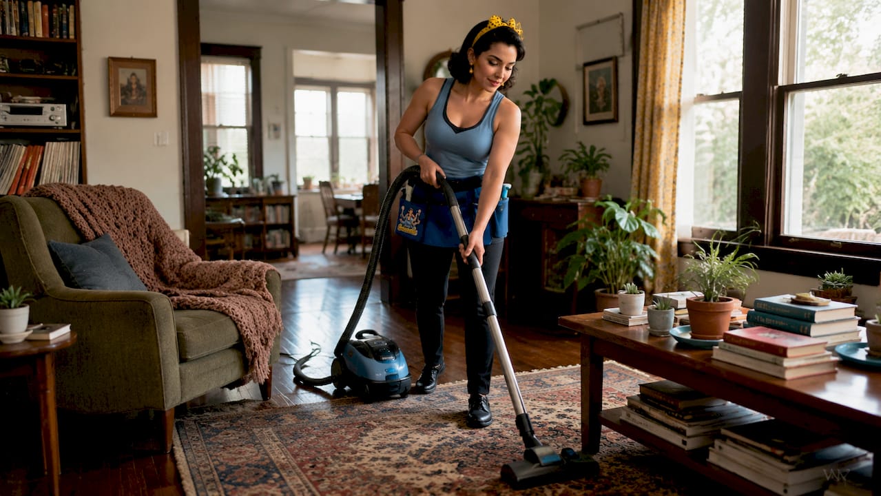 Professional cleaner vacuuming living room