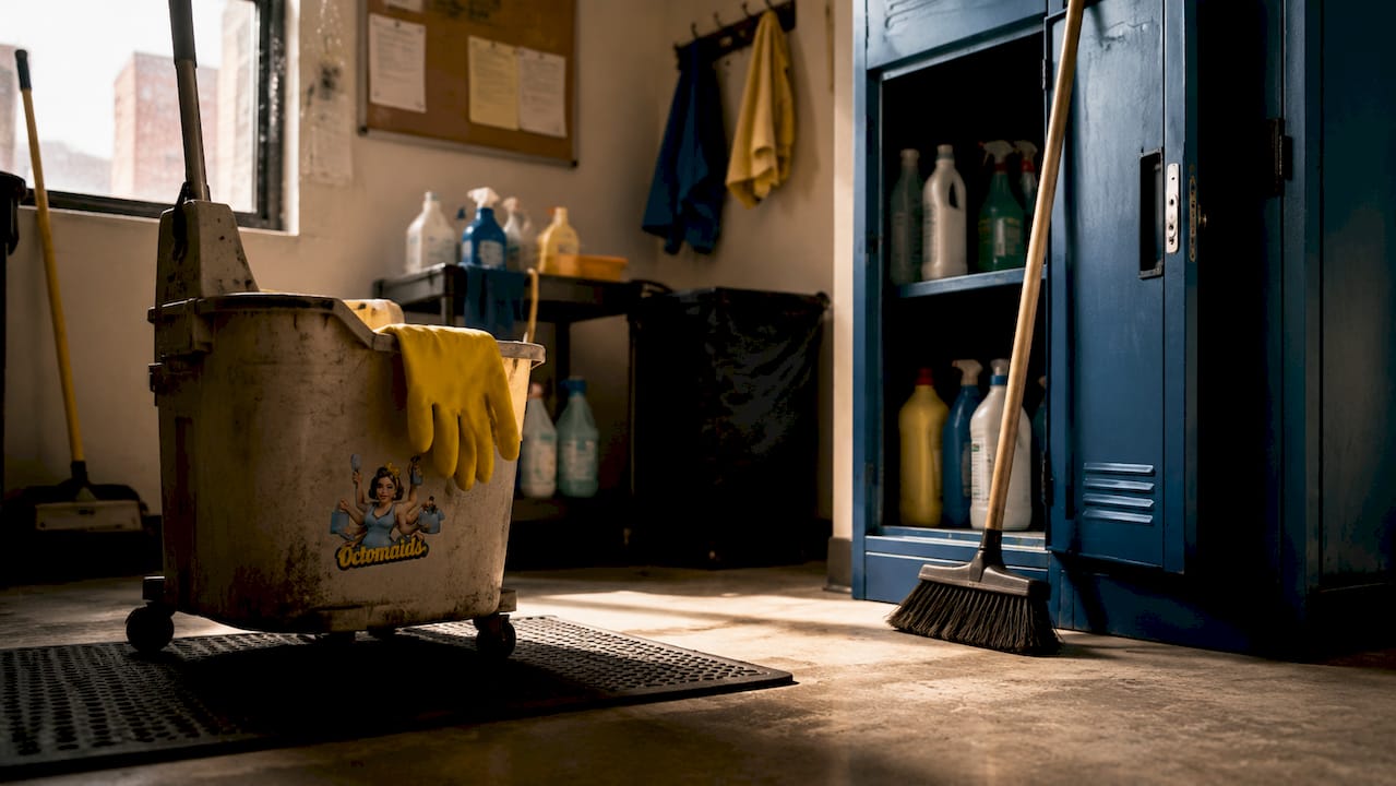 Janitorial supplies in office cleaning closet