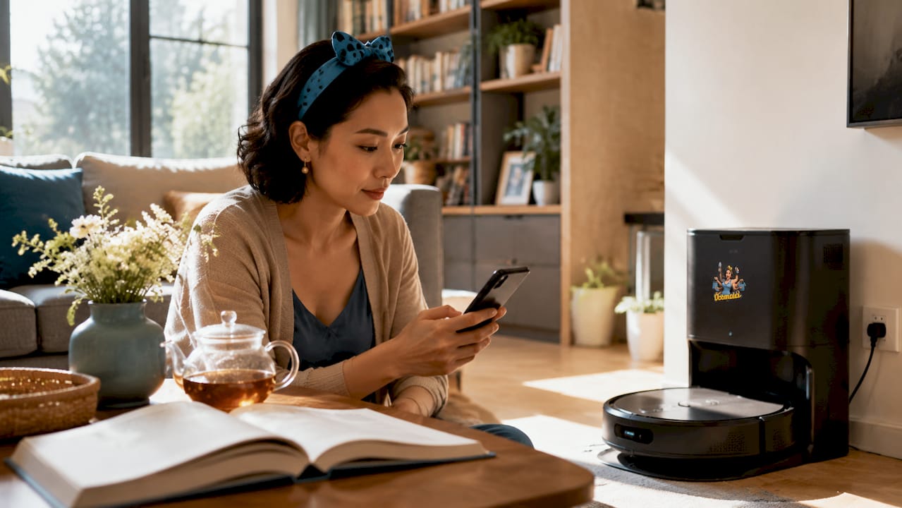 Woman setting robot vacuum schedule