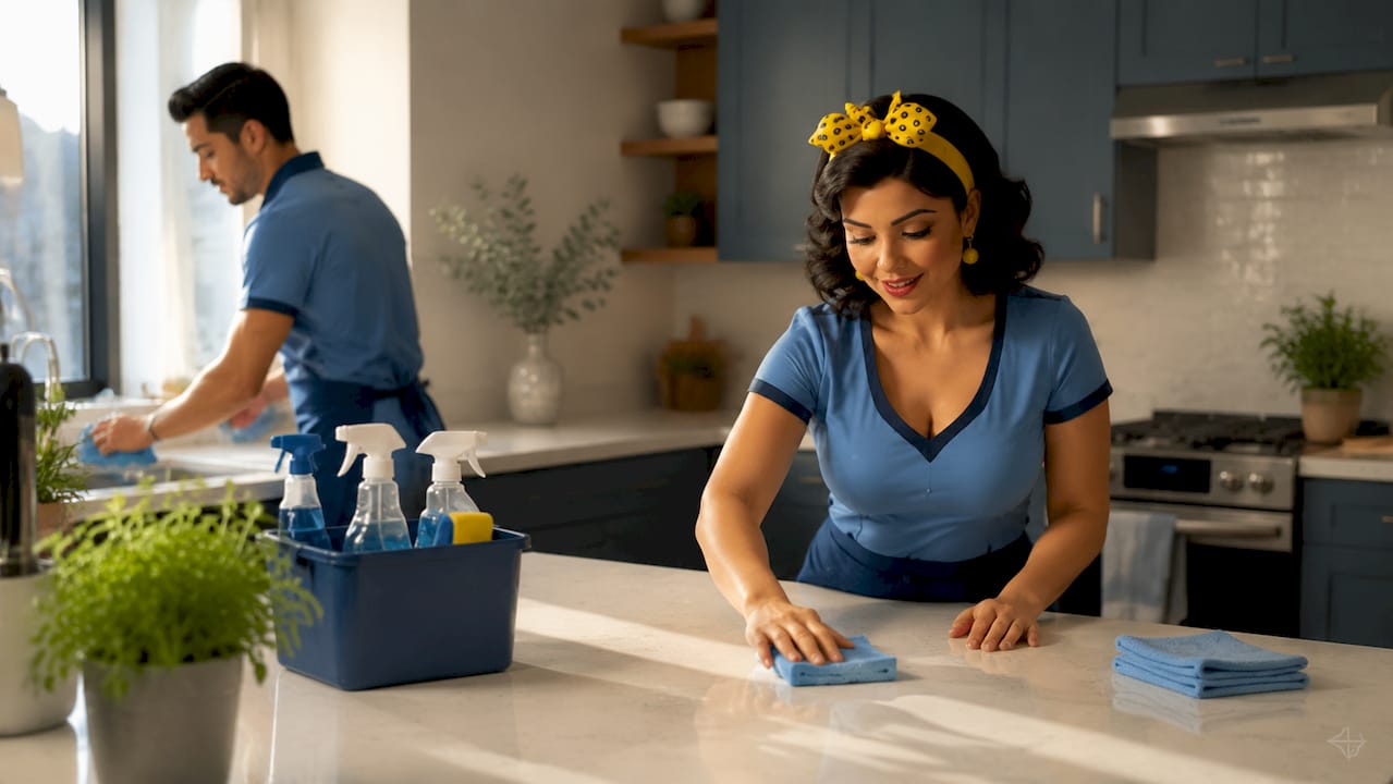 Professional cleaners performing routine rental cleaning
