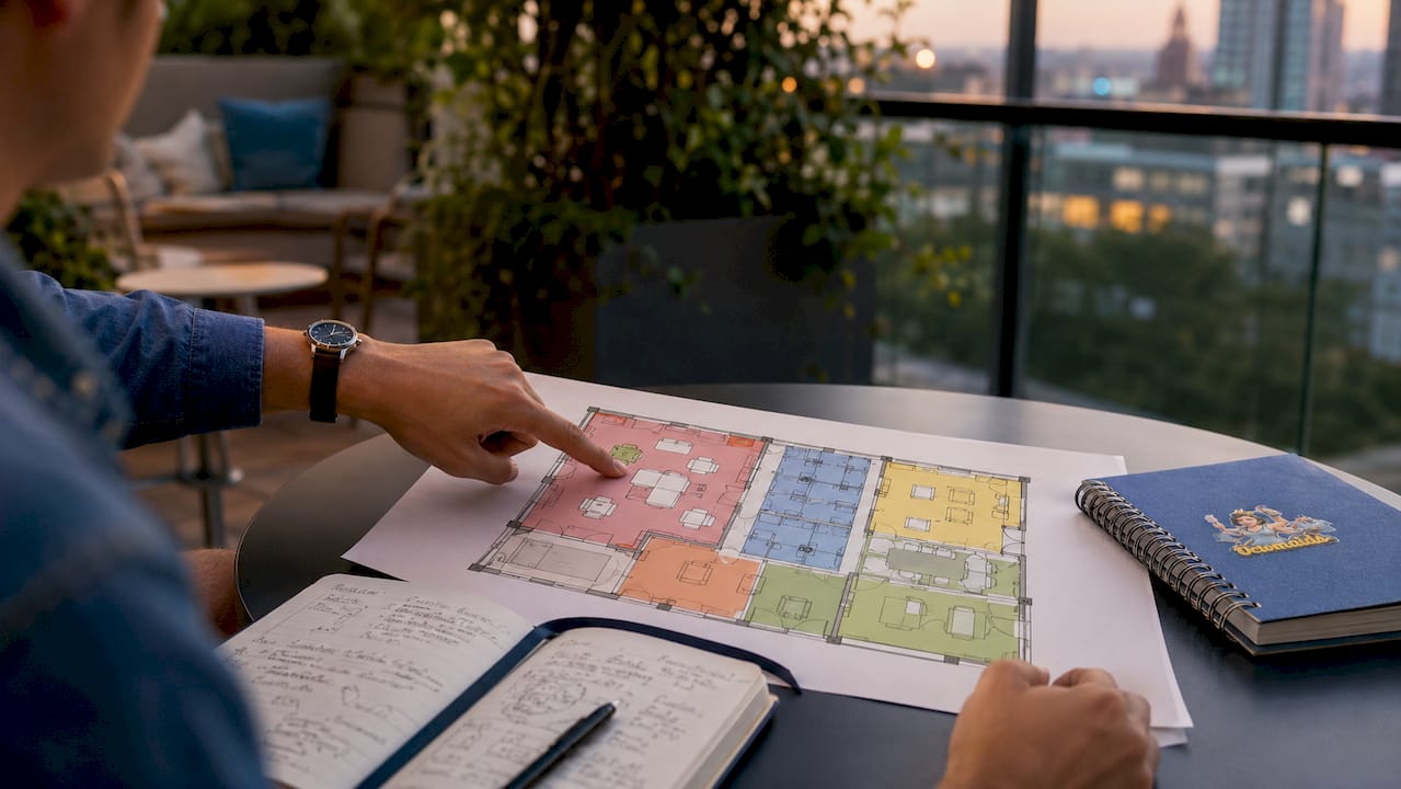 Hand pointing at cleaning zones on office floor plan