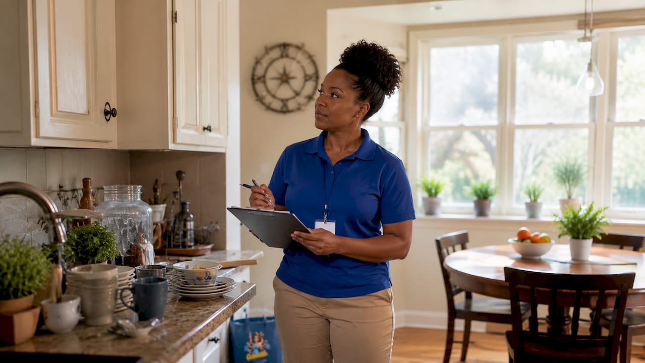Cleaning service provider inspecting home interior