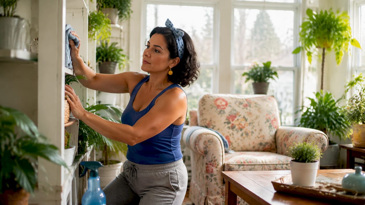 Person vacuuming living room carpet