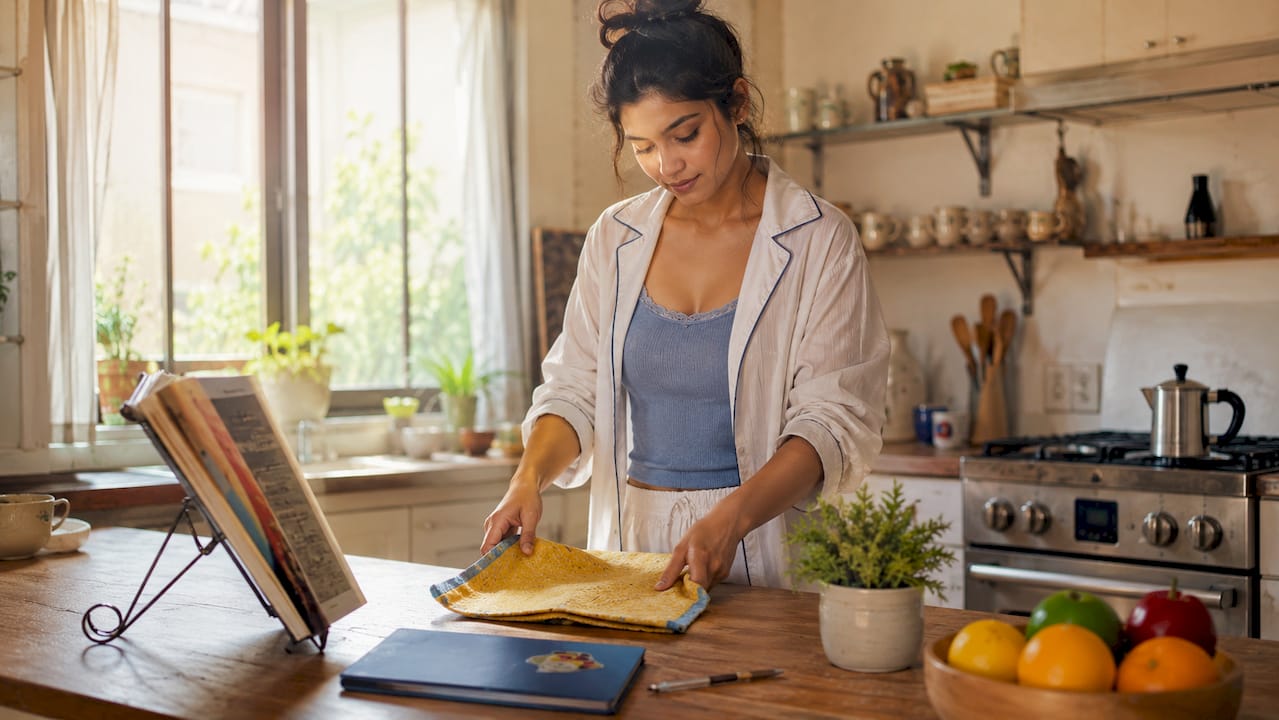 Woman wiping kitchen counters during daily cleaning reset