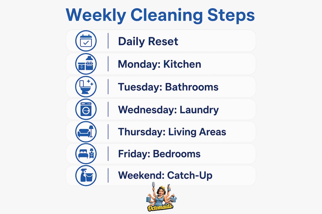 Infographic showing weekly cleaning schedule steps