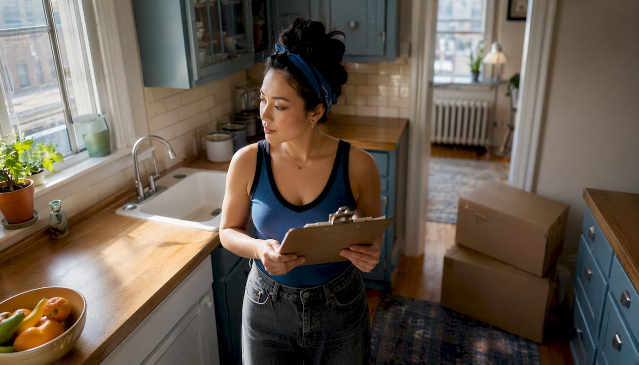 Tenant inspecting rental unit cleanliness with clipboard