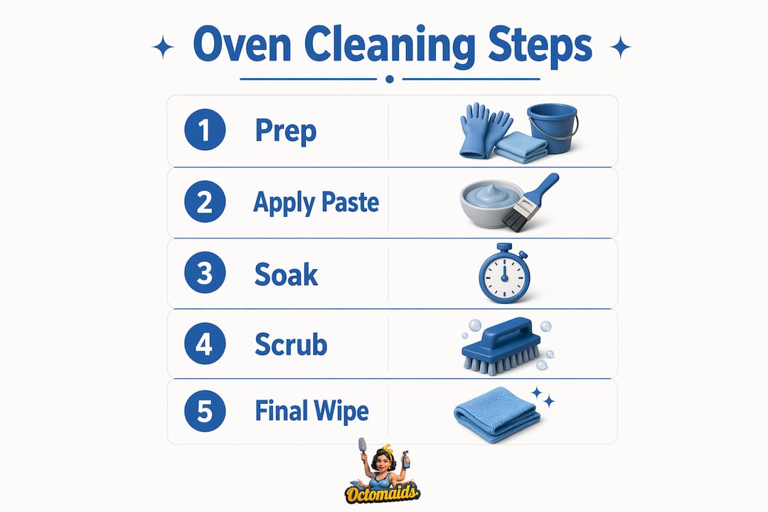 Infographic showing step-by-step oven cleaning process