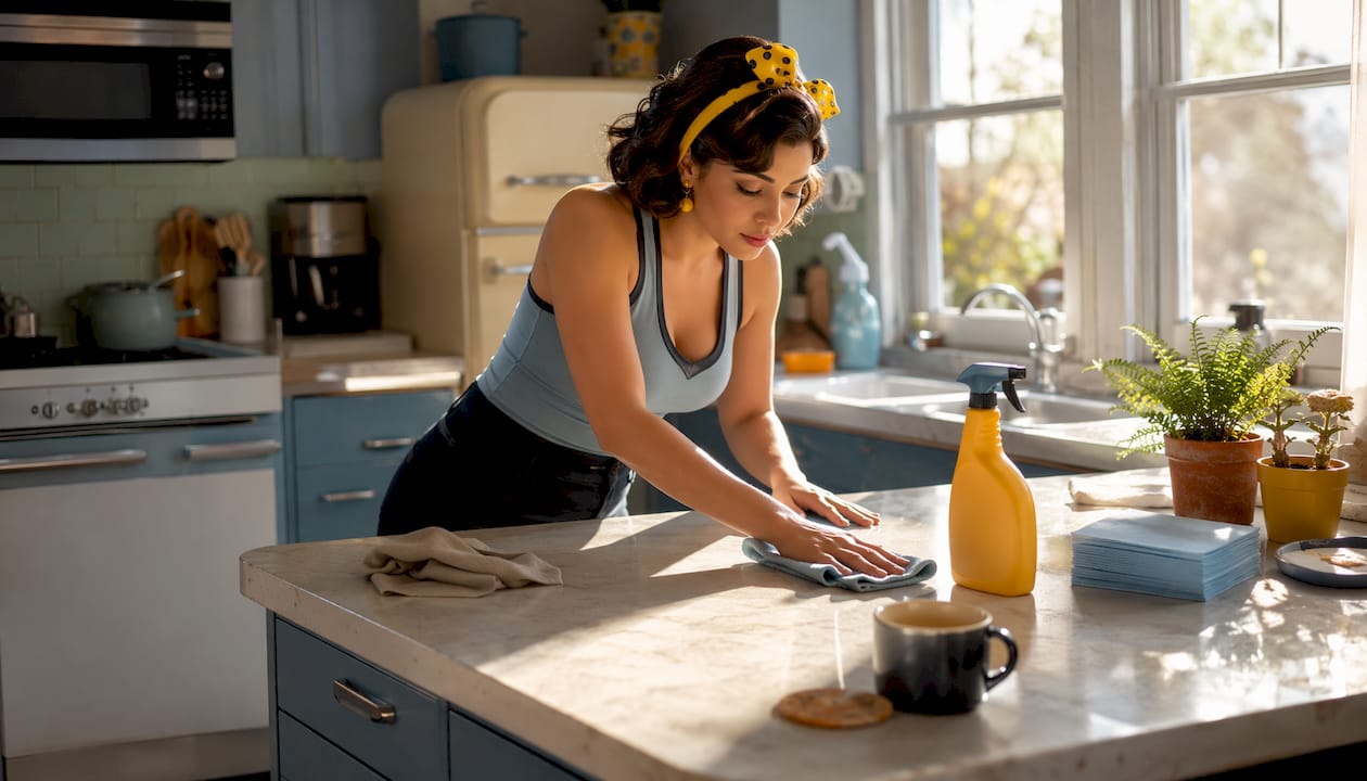Person wiping kitchen countertop daily
